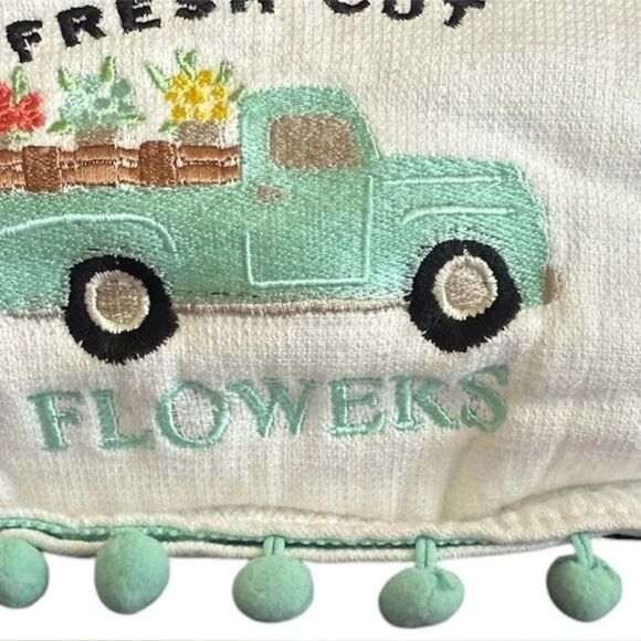 Spring Pillow with Embroidered pickup Truck flowers aqua white throw pillow - Picture 8 of 8
